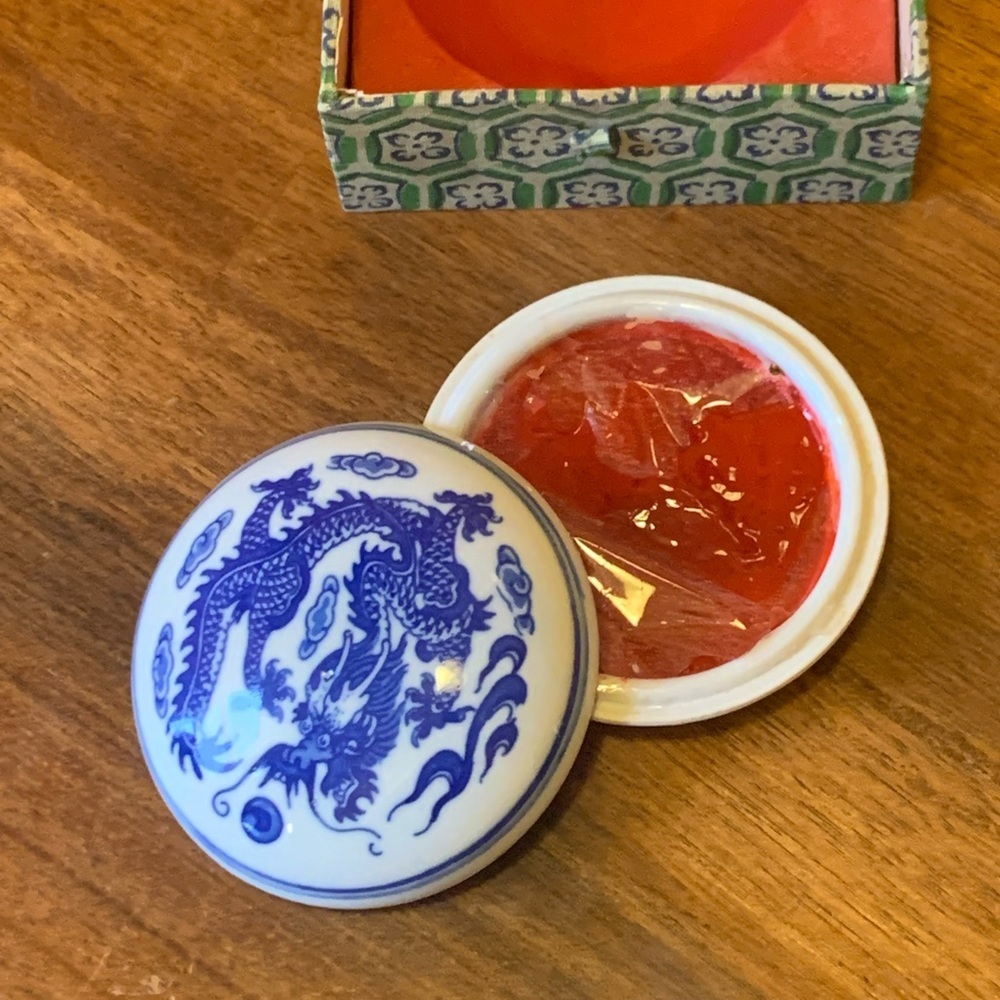 Chinese Ink Pad Seal Paste Vintage Porcelain with Box Calligraphy Painting